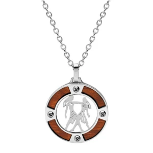 Collier En Acier Chaîne Avec Pendentif Rond Zodiaque Gémeaux Aspect Bois Clair Et Vis Cruciforme 50+5cm 2 Collier En Acier Chaîne Avec Pendentif Rond Zodiaque Gémeaux Aspect Bois Clair Et Vis Cruciforme 50+5cm – Image 2