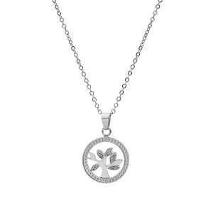 Collier En Acier Chaîne Avec Pendentif Rond Arbre De Vie Oxydes Blancs 40+5cm 2 Collier En Acier Chaîne Avec Pendentif Rond Arbre De Vie Oxydes Blancs 40+5cm – Image 2