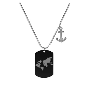 Collier En Acier Chaîne Avec Pendentif Ancre Et Plaque PVD Noir Militaire Motif Monde 55+10cm 2 Collier En Acier Chaîne Avec Pendentif Ancre Et Plaque PVD Noir Militaire Motif Monde 55+10cm – Image 2