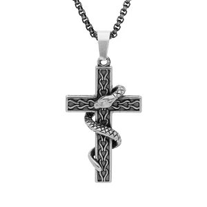 Collier En Acier Patiné Chaîne Avec Pendentif Croix Et Serpent Enroulé 50+10cm 2 Collier En Acier Patiné Chaîne Avec Pendentif Croix Et Serpent Enroulé 50+10cm – Image 2