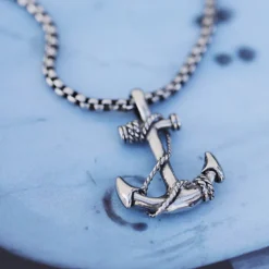 Collier En Acier Chaîne Maille Jaseron Patinée Avec Pendentif Ancre Marine 55cm -1001 Bijoux Ventes 132301 1