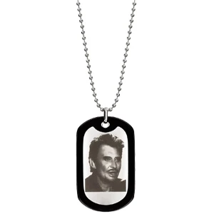 Collier Acier Chaîne Boules Plaque Gi 52x32mm Contour Caoutchouc Noir Gravure Portait Johnny - Longueur 50+10cm 2 Collier Acier Chaîne Boules Plaque Gi 52x32mm Contour Caoutchouc Noir Gravure Portait Johnny - Longueur 50+10cm – Image 2