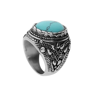 Chevalière En Acier Patiné Avec Gros Oxyde Ovale Couleur Turquoise De Synthèse 2 Chevalière En Acier Patiné Avec Gros Oxyde Ovale Couleur Turquoise De Synthèse – Image 2