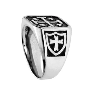 Chevalière En Acier Plateau Carré Avec Croix De Jérusalem Fond Noir 2 Chevalière En Acier Plateau Carré Avec Croix De Jérusalem Fond Noir – Image 2