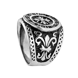 Chevalière En Acier Plateau Rond Avec Motif Fleur De Lys 2 Chevalière En Acier Plateau Rond Avec Motif Fleur De Lys – Image 2