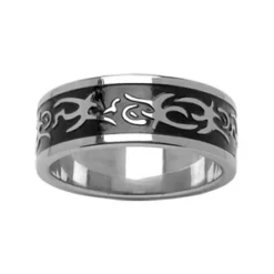 Alliance En Acier Et Résine Noire Avec Gravure Motifs Tribals