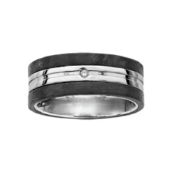 Bague En Acier Avec Bandes De Carbone Aux Bords Et 1 Oxyde Blanc