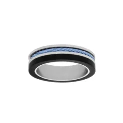 Bague En Acier Et PVD Noir Avec Câble Bleu