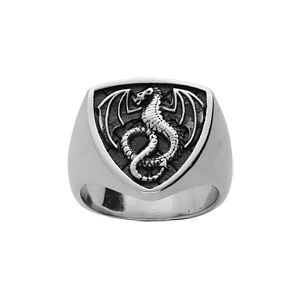 Bague En Acier Forme écusson Fond Patiné Dragon 1 Bague En Acier Forme écusson Fond Patiné Dragon