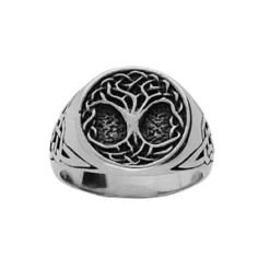 Bague En Acier Patiné Ronde Motif Arbre De Vie