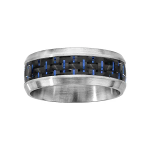 Bague En Acier Satiné Avec Bande Quadrillée Noir Au Milieu Et Fils Bleus 1 Bague En Acier Satiné Avec Bande Quadrillée Noir Au Milieu Et Fils Bleus