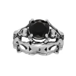 Bague En Acier Tête De Mort Et Squelette Avec Pierre Noire