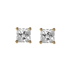 Boucles D'oreilles En Plaqué Or Solitaire Oxyde Carré Blanc Serti 4 Griffes Et Fermoir Poussette