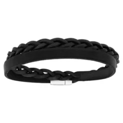 Bracelet Acier Et Cuir Noir Enroulé Tresse