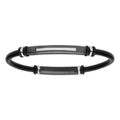 Bracelet Acier Et Cuir Noir Véritable 19cm
