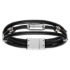 Bracelet Acier Et Cuir Noir Véritable 3 Rangs 21,5cm