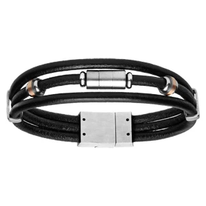 Bracelet Acier Et Cuir Noir Véritable 3 Rangs 21,5cm -1001 Bijoux Ventes bracelet acier et cuir noir veritable rangs 215cm 120209