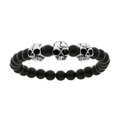 Bracelet En Acier Avec Boules En Pierre De Lave Noire Brillante Et 3 Tête De Mort - Longueur 19cm