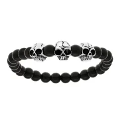 Bracelet En Acier Avec Boules En Pierre De Lave Noire Brillante Et 3 Tête De Mort - Longueur 22cm