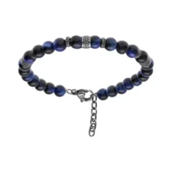 Bracelet En Acier Avec Boules Oeil De Tigre Teinté Bleu Véritable 19+3cm