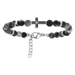 Bracelet En Acier Avec Perles D'Agate Grise Avec Croix Sur Le Dessus 19+2cm