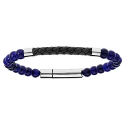 Bracelet En Acier Avec Perles En Lapis Lazulis Et Cuir Noir Tressé 20,5cm