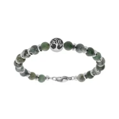Bracelet En Acier Boules Jaspe Véritable Vert Avec Arbre De Vie 18+3cm