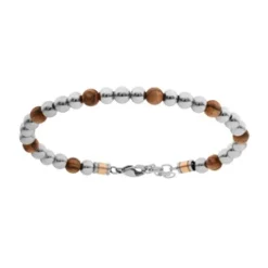 Bracelet En Acier Boules Lisses Et Bois Longueur 20+3cm