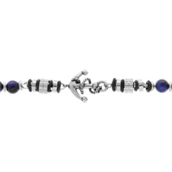 Bracelet En Acier Boules Oeil De Tigre Bleu Véritable Avec Ancre Longueur 19+3cm