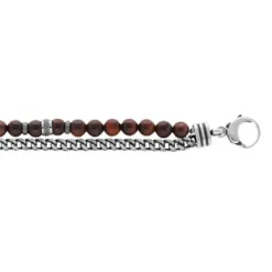 Bracelet En Acier Boules Oeil De Tigre Rouge Véritable Et 1 Rang Chainage Longueur 20+3cm