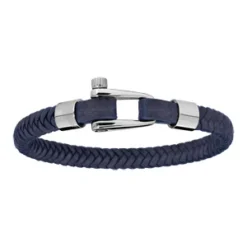 Bracelet En Acier Et Cuir Bleu - Fermoir Vissé 20cm