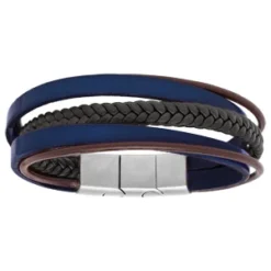 Bracelet En Acier Et Cuir Bleu Marine, Marron Et Tresse Noir 20+1cm Réglable Double Fermoir