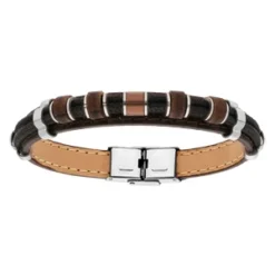 Bracelet En Acier Et Cuir Marron Avec Perles En Bois Naturel - 21cm Réglable