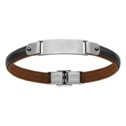 Bracelet En Acier Et Cuir Marron Avec Plaque Lisse Au Milieu - Longueur 20cm