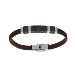 Bracelet En Acier Et Cuir Marron Et Bois De Chêne 20cm