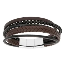 Bracelet En Acier Et Cuir Marron Lisses Et Tressés Avec Boules Noires Double Fermoir 20cm
