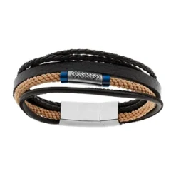Bracelet En Acier Et Cuir Multifils Noir Et Beige PVD Bleu 19,5cm