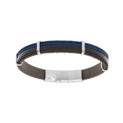 Bracelet En Acier Et Cuir Noir Avec 2 Câbles Bleu Et Double Fermoir 20+1cm