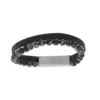 Bracelet En Acier Et Cuir Noir Et Perles En Onyx 6mm 19.5cm + 1cm Double Fermoir