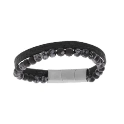 Bracelet En Acier Et Cuir Noir Et Perles En Onyx 6mm 19.5cm + 1cm Double Fermoir