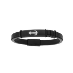 Bracelet En Acier Et Cuir Noir Motif Ancre Double Fermoir 19cm +1cm