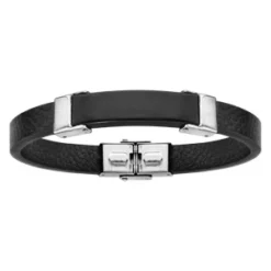 Bracelet En Acier Et Cuir Noir Plaque à Graver En PVD Noir 21cm Réglable