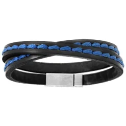Bracelet En Acier Et Cuir Noir 2 Rangs Couture Bleu Fermoir Aimanté