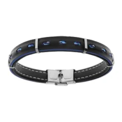 Bracelet En Acier Et Cuir Noir Véritable Avec Tranche Bleu Avec Cordon 21cm Réglable