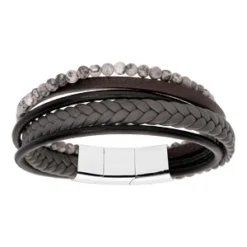 Bracelet En Acier Et Cuir Tons Marron Noir Et Gris Avec Boules Grises Double Fermoir 20cm