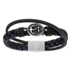 Bracelet En Acier Et Cuir Tressé Bleu Avec Ancre Marine Patinée - 22cm Fermoir Aimanté