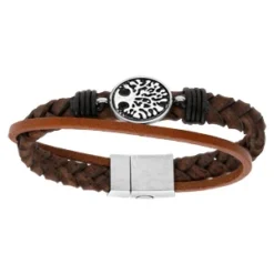 Bracelet En Acier Et Cuir Tressé Marron Avec Médaillon Arbre De Vie Patinée - 22cm Fermoir Aimanté