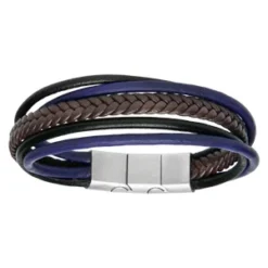 Bracelet En Acier Et Cuir Véritable Plusieurs Fils Noir, Bleu Et Tressé Marron 20+1cm Réglable Avec Double Fermoir