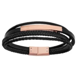 Bracelet En Acier Et Cuir Véritable Plusieurs Fils Noir Et Tressé Noir Avec éléments PVD Rose 20,5cm