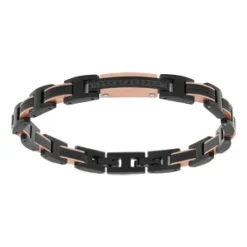 Bracelet En Acier Et PVD Noir Et Rose Avec Plaque Et Pierres Noires 20+1cm Réglable